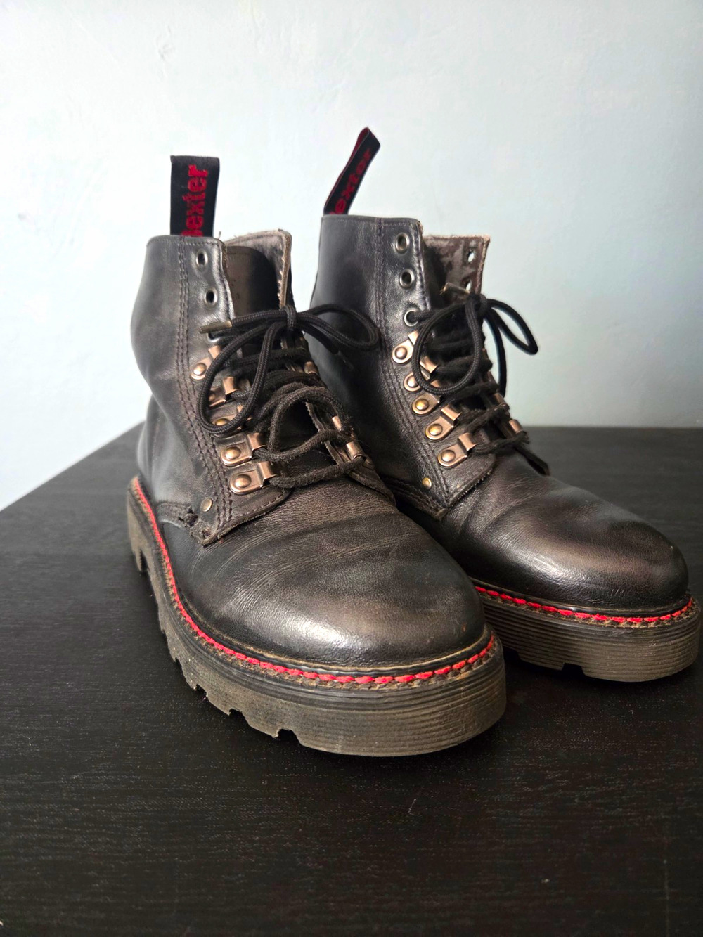 VTG Dexter Men's Black Leather Red Lace-Up Ankle Combat Boots US 6.5 Made In USA
